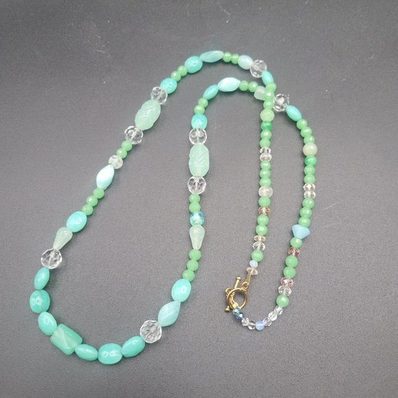 Art Deco Fluorescent UV Glows Faux Green Jade Malachite Glass Necklace 28" - Picture 5 of 9